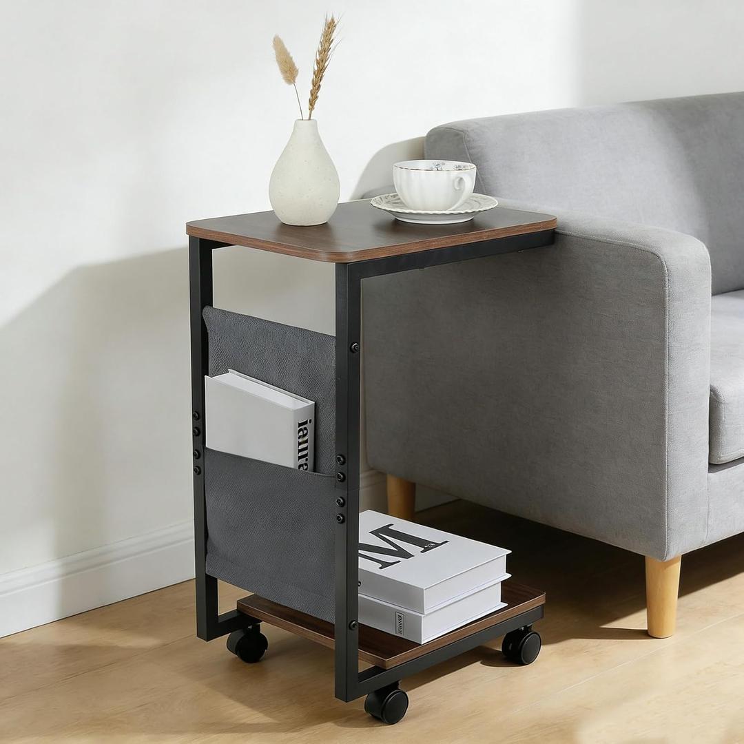 comfoyar C Shaped End Table with Wheels, Small Side Table for Couch with Storage Bag, Slide Under Sofa Side Table TV Trays with Metal Frame for Living Room, Bedroom, Office