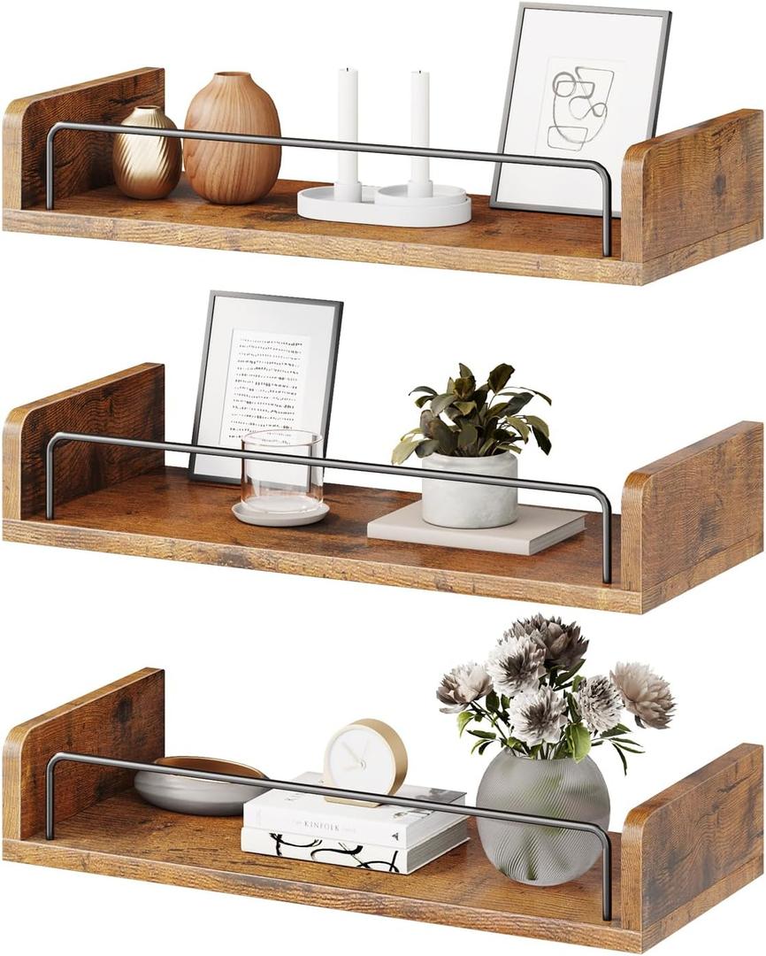 Floating Shelves for Wall, Floating Shelves for Bedroom Kitchen Decor, Wall Mounted Rustic Farmhouse Wood Shelf for Books, Plants, Set of 3 (Rustic Brown) (15.74 inches L x 6.7 inches W x 6.4 inches H)