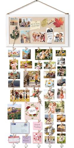 Bikoney Large Collage Picture Frame with Bulletin Board, Hanging Photo Display for Multiple Pictures, Wall Photo Organizer with 30 Clips & 6 Pushpins, Self Adhesive Hooks – No Drill Wood Photo Board for Room Decor