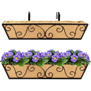 2pcs 24 Inch Window Deck with Coco Liner, 24" Window Boxes Horse Trough with Coconut Coir Liner, Metal Hanging Flower Planter Window Basket Deck Railing Planter Boxes for Outdoor Indoor Lawn