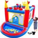 Inflatable Bounce House with Blower, PVC Bouncer for Kids Ages 3-8, Indoor and Outdoor Bouncy Playhouse, Jumping Castle with Pump, Ball Pit, Ringtoss and Target Game, Bouncer for 3 Kids