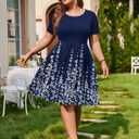 IN'VOLAND Womens Plus Size Summer Dress Short Sleeve Casual Mini Dresses Empire Waist T-Shirt Dress with Pockets (Blue). M Size