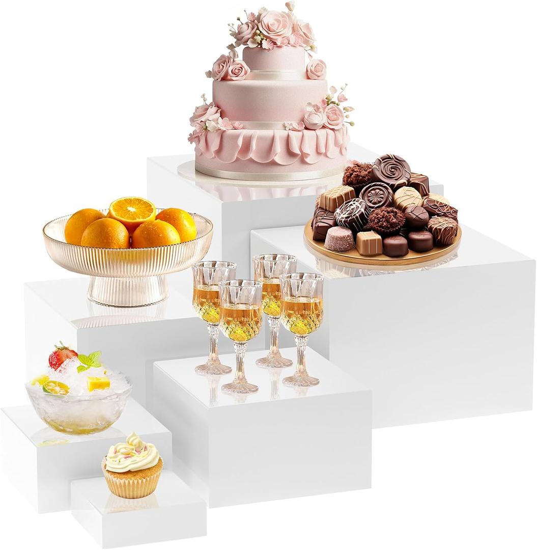 KOLIPI 6Pcs Buffet Risers, Food Risers for Buffet Table, Acrylic Boxes for Display Cube Riser Display Stand for Party Catering Dessert Collectibles, White Set (Size 8", 7", 6", 5", 4", 3")