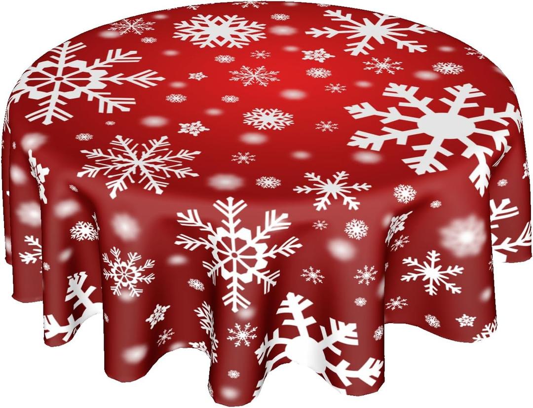 Merry Christmas Red Tablecloth Round 60 Inch, Winter White Snowflakes Polyester Circle Table Cloth Wrinkle Stain Resistant Washable Table Cover for Kitchen Room Party Picnic