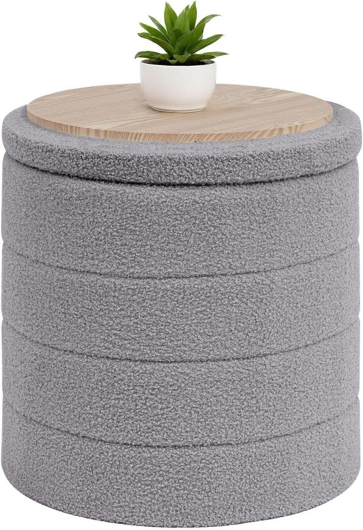 B FSOBEIIALEO Ottoman with Stroage, Round Sherpa Storage Ottoman Stool, Boucle Foot Rest 16.9"x16.9"x17.7"Grey