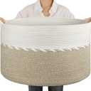 OIAHOMY 90L Blanket Basket for Living Room, Large Basket 23" x 23" x 13" with Handle, Laundry Hamper for Blankets, Pillows, Toy Storage for Kids, Dogs - Light Brown & White