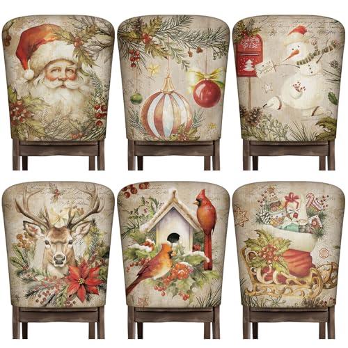 Moukeren 6 Pcs Christmas Chair Cover Set Stretch Dining Chair Back Covers Vintage Christmas Santa Claus Elk Slipcovers Farmhouse Removable Elastic Seat Protector for Xmas Party Kitchen Home Decor