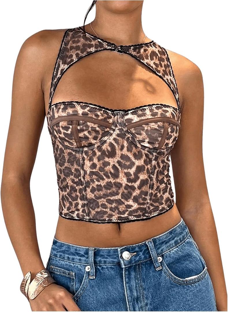 WDIRARA Women's Cut Out Lace Crop Bustier Corset Tank Top Sexy Going Out Party Club Tops (Multicolor Leopard) Small
