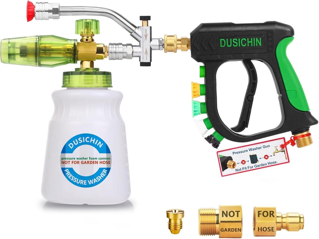 DUSICHIN Pressure Washer Foam Cannon Dual Connector Shift Valve, Car Wash Foam Cannon Kit 1/4 Inch Quick Connector 5 Pressure Washer Nozzle Tips Build-in Design Work with A Pressure Washer DUS2703