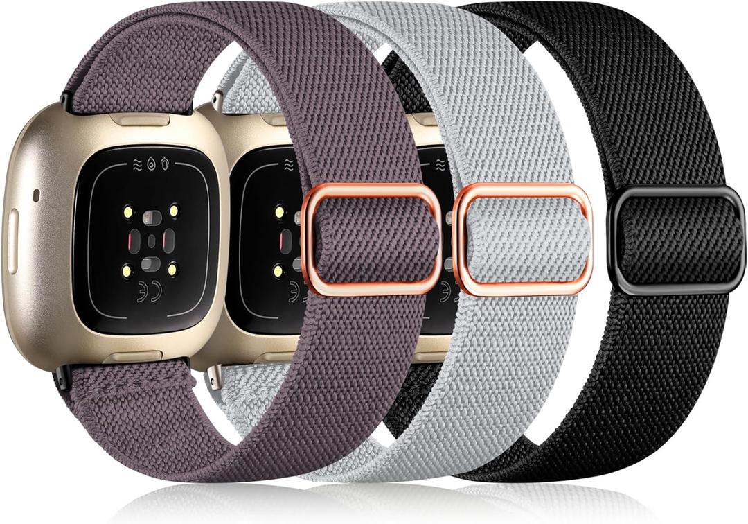 Maledan Bands Compatible with Fitbit Versa 3/4 and Sense/Sense 2 Watch Bands, Adjustable Stretchy Fabric Sport Wristbands for Men and Women (Black/ Smoky Purple/ Light Gray) Maledan Bands Compatible with Fitbit Versa 3/4 and Sense/Sense 2 Watch Bands, Adjustable Stretchy Fabric Sport Wristbands for Men and Women (Black/ Smoky Purple/ Light Gray)