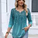 Zeagoo 3/4 Length Sleeve Womens Tops Dressy Casual 2026 V Neck T Shirts Blouses Floral Summer Business Work Basic Tees (Blue, M)