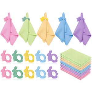 Whaline 10 Sets Easter Pastel Cloth Napkins with Wooden Bunny Napkin Rings 5 Colors Rabbit Napkins Holders for Spring Holiday Party Dinner Table Setting Decor Supplies