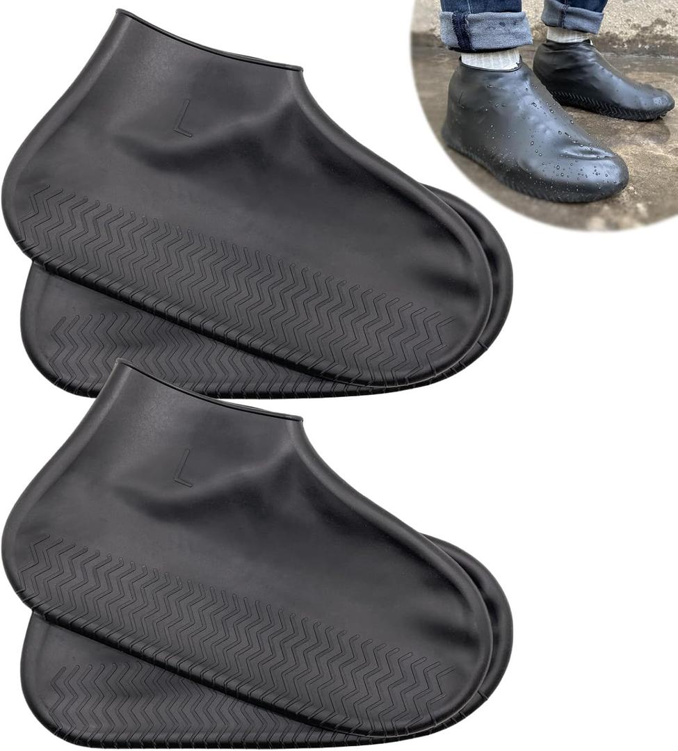 Waterproof Shoe Covers 2 Pairs,Rain Shoe Covers Reusable Silicone Non Slip Shoe Covers for Outdoor,Rain Shoe Covers for Women and Men (Black, Large)