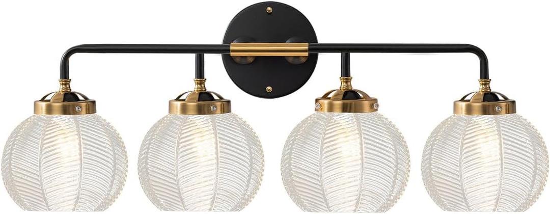 Ribbed Glass Vanity Lights Bathroom Light fixtures Over Mirror Mid Century Modern Wall Sconce Clear Glass Globe Shade Matte Black Gold Wall lamp for Kitchen Powder Room Over Mirror