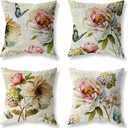 Farmhouse Decorative Throw Pillow Covers Vintage Flower Pillows Cover 18x18 Inch Set of 4 Cotton Linen Floral Outdoor Cushion Case Pillow Cases for Sofa Couch Living Room Bed Indoors Home Decor (A Vintage Yellow Flower 4pc)