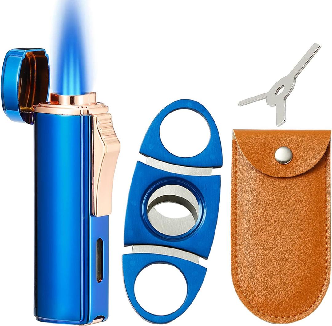420 Carbon Steel  and Lighter Set, Built-in , Triple Jet Flame Butane Torch Lighter, Refillable Windproof Lighter, Gifts for Men, Blue. (Sold Without Gas)