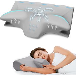 Cervical Neck Pillow for Pain Relief,Ergonomic Contour Memory Foam Pillows for Sleeping,Cooling odorless Neck Support Pillow for Side Back Stomach Sleeper,with Washable Pillowcase,Grey
