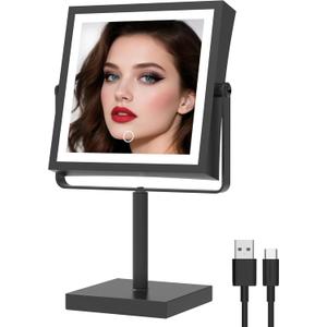 Ruacq Vanity Mirror with Lights, Height & Brightness Adjustable, Rechargeable 4000mAh Lighted Makeup Mirror with Magnification 1X/10X, 3 Color Lights & 360 Rotation (Matte Black-Table)