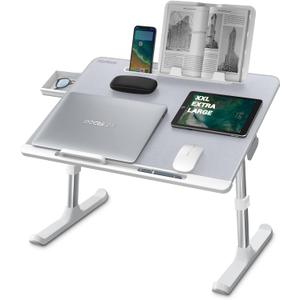 NEARPOW XXL Bed Table Desk for Laptop and Writing, Adjustable Computer Tray Laptop Stand for Bed or Sofa with Anti-slip Leather, Removable Stopper, Book Stand and Drawer - Gray