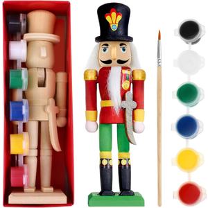 1 Set Christmas Nutcracker Figures Unfinished Wooden DIY Crafts Unpainted Nutcracker Soldier with Paint Brush and White Beard for Christmas Decoration