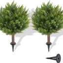 Artificial Cedar Shrub Ball Trees Two 15.8inch with Ground Spikes, can be Planted in The Ground and in pots, Outdoor Artificial Plants Resistant to UV Rays