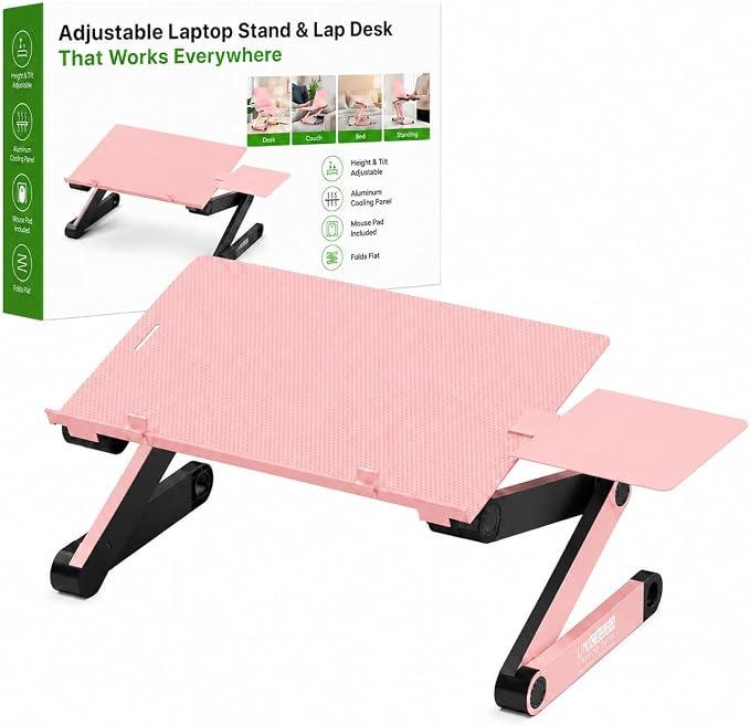 Uncaged Ergonomics Adjustable Laptop Stand for Desk, Cooling Riser (Pink)
16.5x11" panel adjusts 0-18" high, 12 lb capacity, 3.8 lb weight — detachable mouse pad, fits laptops & tablets.