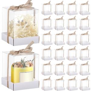 24 Sets 3.5 x 3.5 x 4.3 in Candle Gift Package Valentine's Transparent Box 4-18 oz Handmade Tealight Candle Holder Paper Bottom Ribbon for Wedding Baby Shower Party Mug (White)