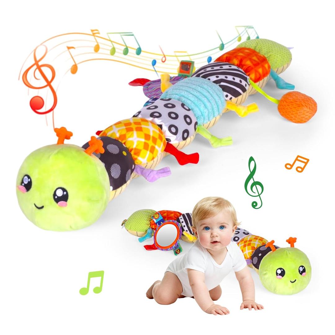 Baby Musical Plush Caterpillar Toy - 0-12 Months Tummy Time & Head Lifting Soft Sensory Toy, Rattle, Rustling Sounds & Mirror for Boys & Girls