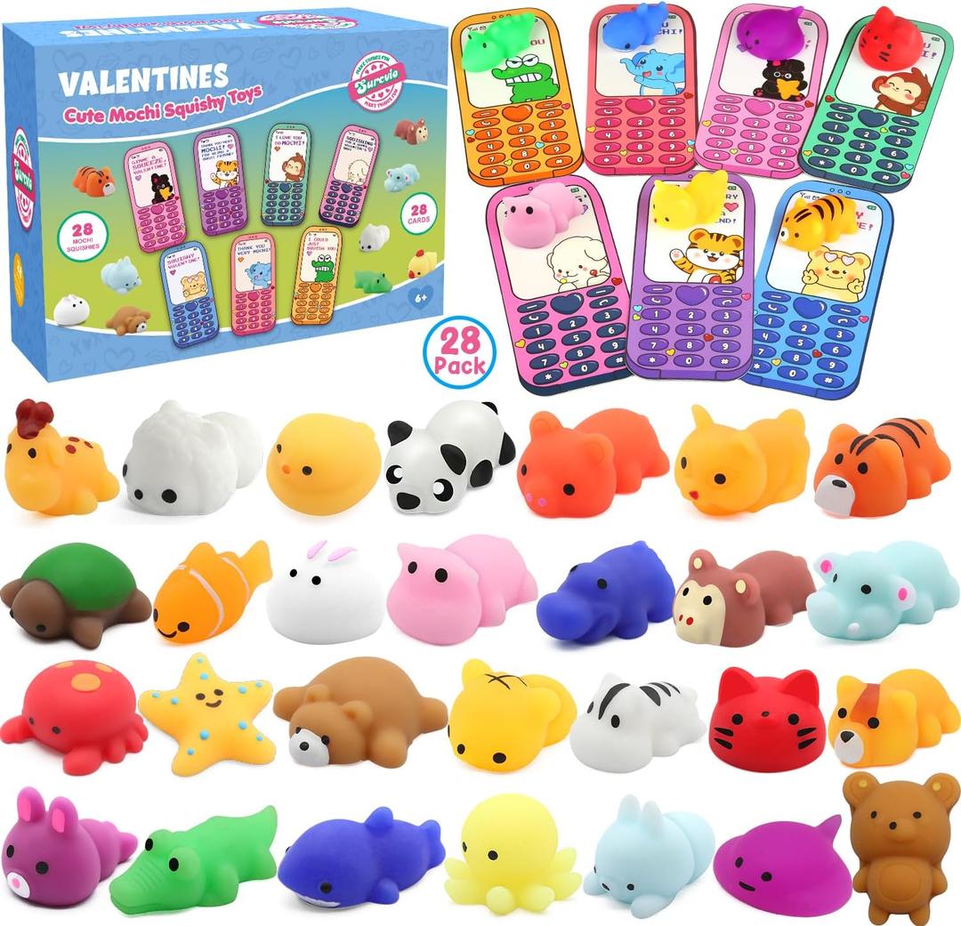 28 Pack Valentines Day Gifts for Kids School, Animal Mochi Squishies with Greeting Cards, Classroom Exchange Party Favors, Stress Relief Fidget Toys, School Prize Supplies