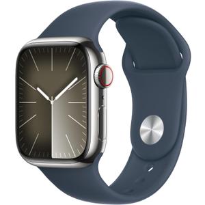 Apple Watch Series 9 [GPS + Cellular 41mm] Smartwatch with Silver Stainless Steel Case with Storm Blue Sport Band S/M. Fitness Tracker, Blood Oxygen & ECG Apps, Always-On Retina Display