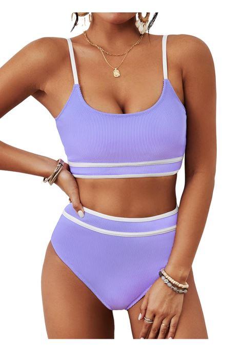 BMJL Women's High Waisted Bikini Ribbed Two Piece Swimsuit High Cut Color Block Adjustable Straps Bathing Suit, size XL, light purple