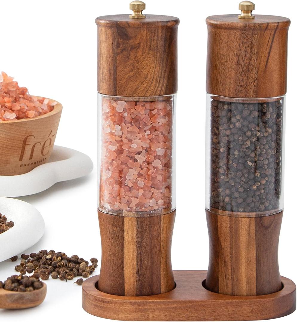 Wooden Salt and Pepper Grinder Set Acacia Wood Salt Grinder and Pepper Grinder Set, Manual Salt and Pepper Mills with with Ceramic Core, Salt and Pepper Shaker, Adjustable Coarseness