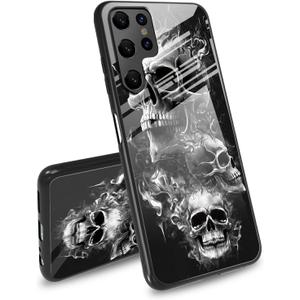 Case for Samsung Galaxy S23 Ultra,Tempered Glass Back Cover,Side Soft TPU Bumper Cutting Groove Anti-Skid Design Protective Cover for Samsung S23 Ultra,Skull