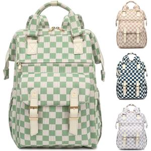 Corduroy Laptop Backpack for Women 15.6 Inch Stylish College School Bookbag, Business Work & Travel Computer Backpacks (Checkered Green)