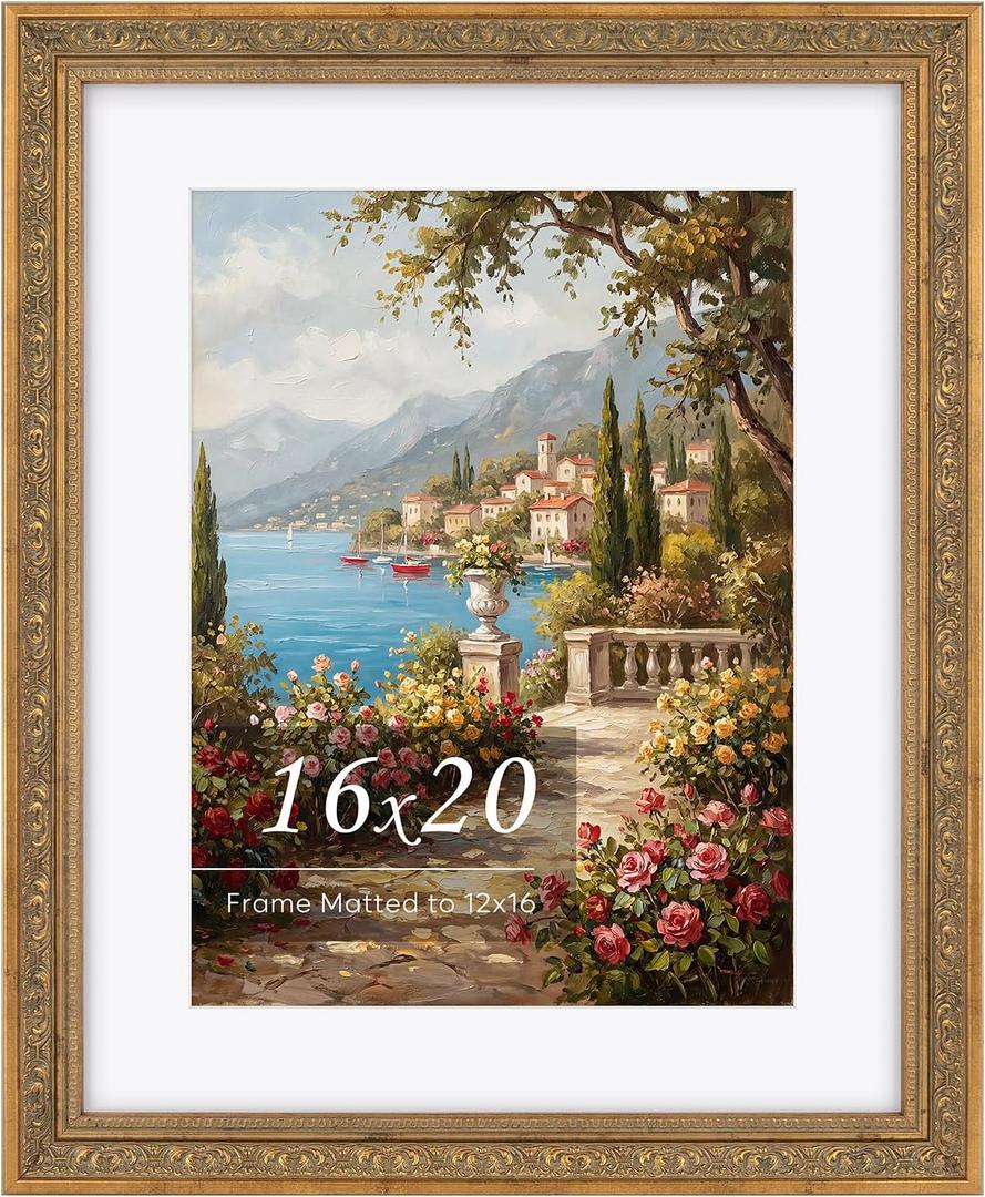 Golden State Art 16x20 Ornate Picture Frame Display 12x16 Photo With Mat | Frame with Plexiglass, Ornate Picture Frames for Wall Display, 12x16 Photo With Mat or 16x20 without Mat for Antique Decor