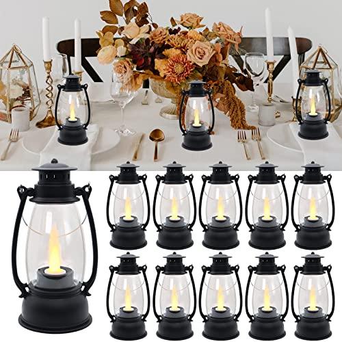 LLQ Mini Decorative Lanterns - 12pcs with Flicker Candles, Hanging Lanterns for Home & Wedding Decor, Table Centerpiece, Battery Included, Black