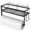 ESOW Paper Towel Holder with Shelf Storage, Adhesive Wall Mount 2-in-1 Basket Organizer for Kitchen & Bathroom, Durable Metal Wire Design, Stainless Steel 304 Matte Black Finish