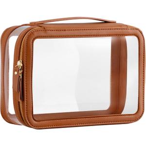 HBlife Clear Makeup Bag Organizer, Portable Travel Toiletry Cosmetic Bag Case for Women, Large Make Up Bag Makeup Train Case Transparent Storage Bag Pouch with Handle(Brown)