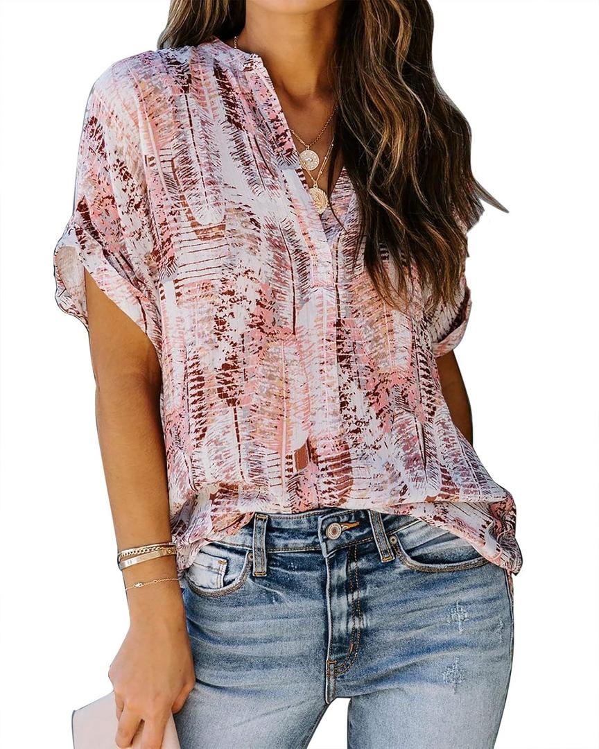ANCAPELION Womens Summer Chiffon Blouse Casual Short Sleeve V Neck Shirt Loose Printed Cuffed Sleeve Tunic Tops for Women (Medium, Light Pink Printed)