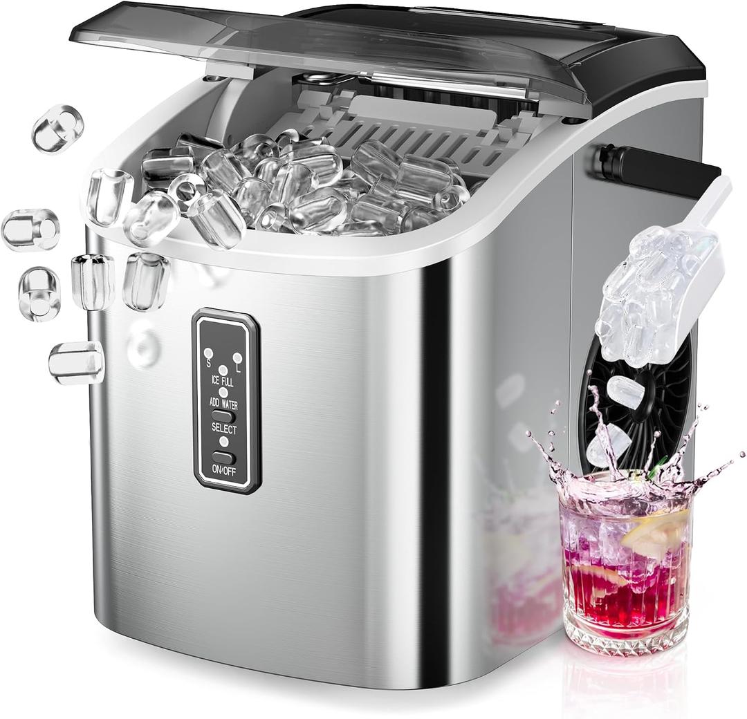 EUHOMY Ice Maker Countertop, 9 Cubes Ready in 6 Mins, 26lbs/24H, Self-Cleaning, Portable Ice Maker Machine with Carry Handle, Basket and Scoop, 2 Sizes of Bullet Ice for Home, Kitchen, Office