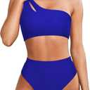MOOSLOVER Women Cutout One Shoulder High Waisted Bikini High Cut Two Piece Swimsuits (Small, Blue)