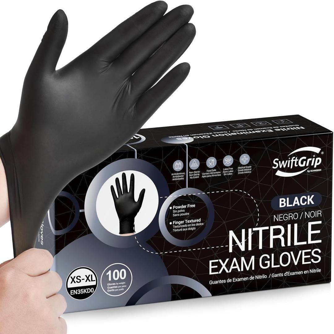 SwiftGrip Disposable Nitrile Exam Gloves, Black Nitrile Gloves Disposable Latex Free for Medical, Cooking & Esthetician 03 Black (L, 100ct)