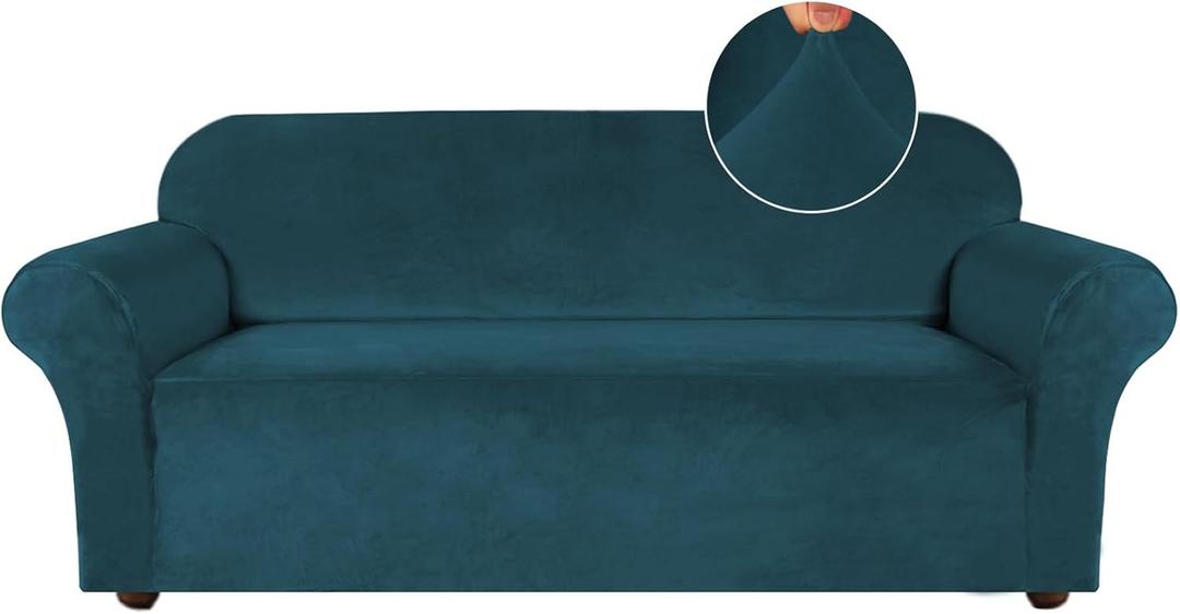 Turquoize Velvet Couch Covers Sofa Covers for 3 Cushion Couch Stretch Sofa Slipcovers with Non Slip Elastic Bottom Furniture Protector for Pets Crafted from Soft Thick Velvet Fabric (Sofa, Deep Teal)