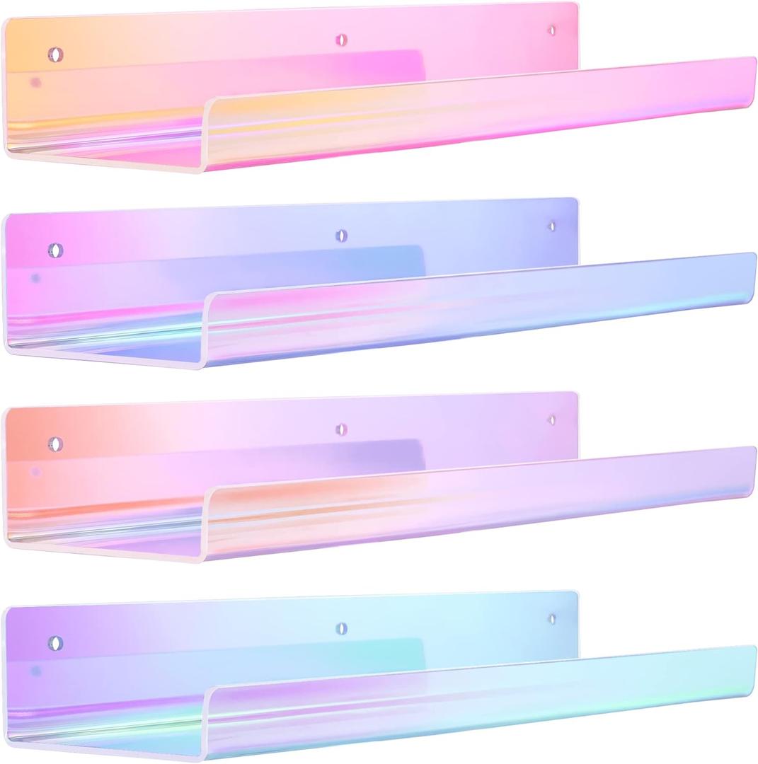 upsimples 4 Pack Acrylic Shelves for Wall Storage, 15" Floating Bookshelves for Kids, Nail Polish Holder, Perfume Display Shelf Organizer for Bathroom, Bedroom, Living Room, Iridescent
