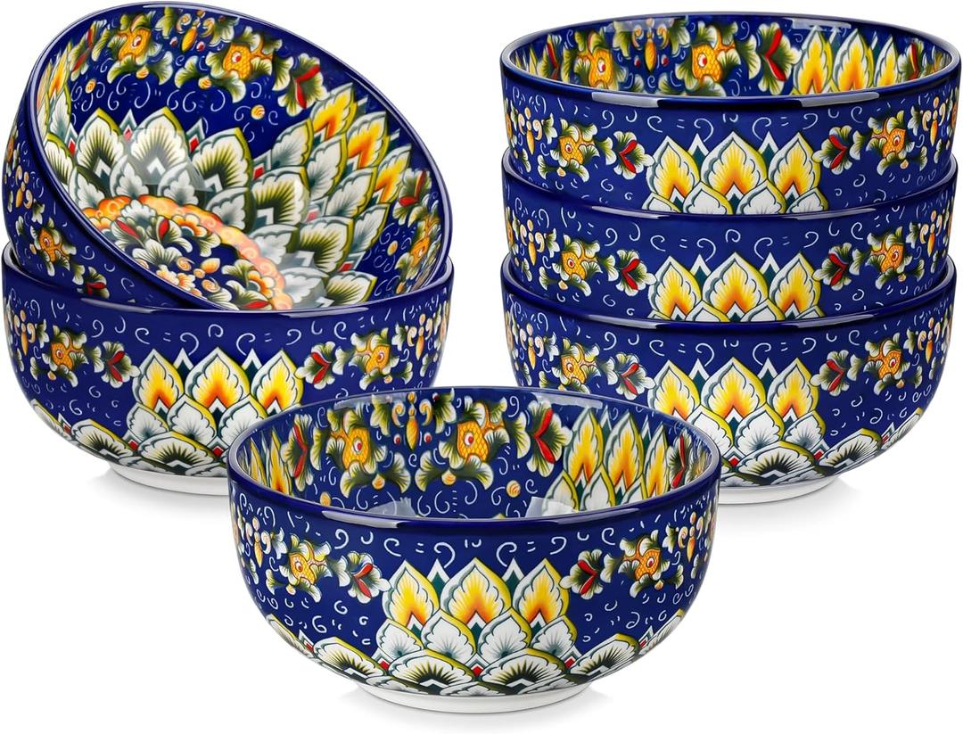 vancasso Cereal Bowls Set of 6, Bohemian Ceramic Soup Bowls, 28 oz Colorful Bowls Set for Kitchen, Dishwasher & Microwave Safe for Salad, Pasta, Rice, Oatmeal, Fruit-05