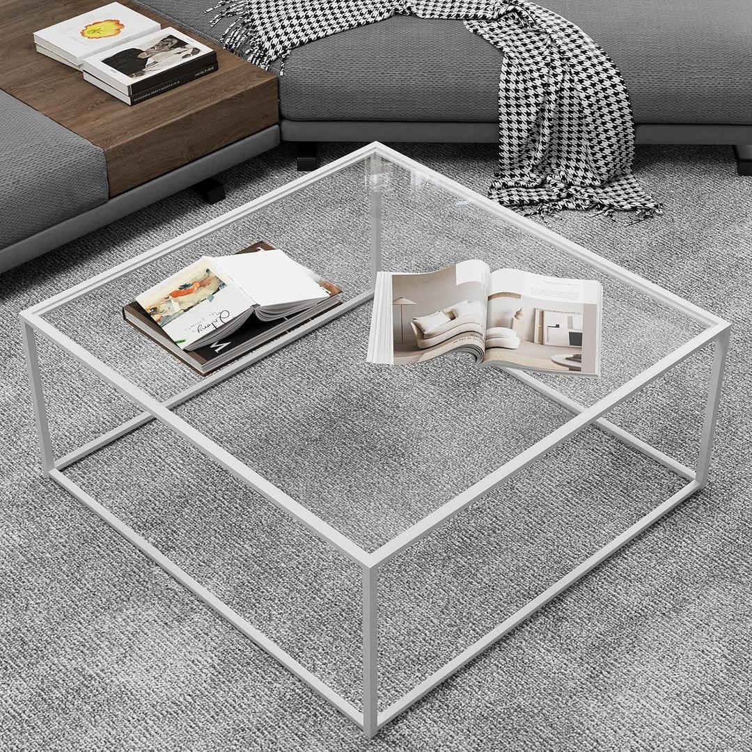 Glass Coffee Table Square Coffee Table for Small Space, Modern Minimalist Center Table for Living Room Home Office,Tempered Glass-top with Sturdy Metal Frame, Easy Assembly, 27 x 27In, White