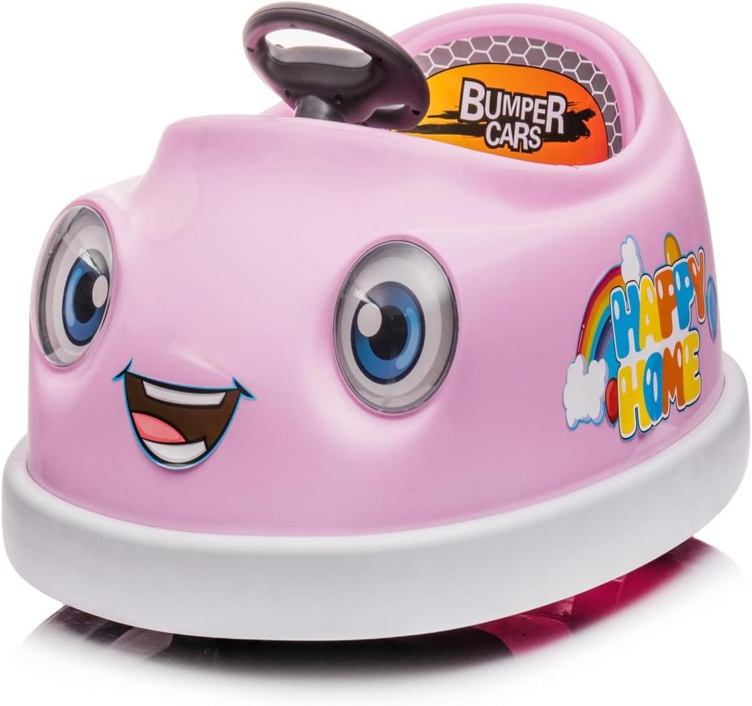 12V Bumper Car for Kids, 6-in-1 Electric Bumper Car with Pushrod Dinner Plate,USB Music,Rocking Horse Mode,Bumper Car Mode,cart Mode, 6 ModeDining Car Mode,for Kids Age1+ Pink