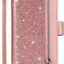 EYZUTAK Wallet Case for Samsung Galaxy S21 FE, Magnetic Handbag Zipper Pocket PU Leather Flip with 9 Card Slots and Wrist Strap Folio TPU Inner Stand Case - Rose Gold