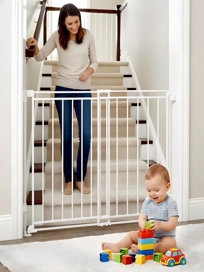 Baby Gate for Stairs Doorways & Kitchen, Extra Wide 32"-54" W x39 H Extra Tall, No Bottom Bar Dog Gate, One-Handed Auto-Close, Hardware Mount Safety Gate for Dogs & Toddlers, White