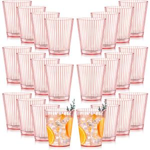 24 PCS Plastic Ribbed Drinking Glasses Pink 10oz Unbreakable Vintage Ripple Stemless Wine Glasses Cocktail Tumbler Glass Cups Disposable Retro Glasses Drinkware for Valentine Baby Shower Wedding